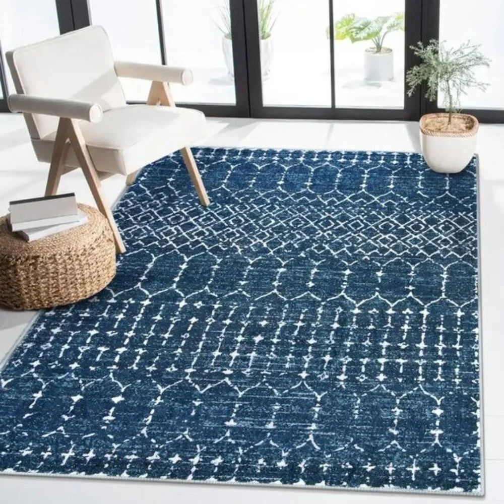 New 4x6 Moroccan Blue Area Rug, Non-Slip Geometric Carpet for Home & Room Decor